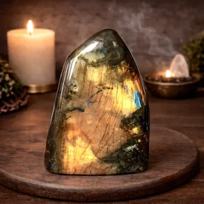 Labradorit freeform � Unik helpoleret krystal med kraftigt gyldent og bl�t flash