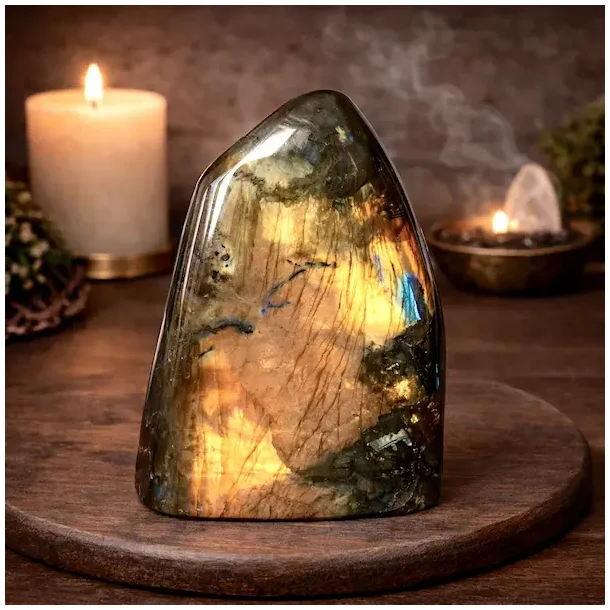 Labradorit freeform � Unik helpoleret krystal med kraftigt gyldent og bl�t flash