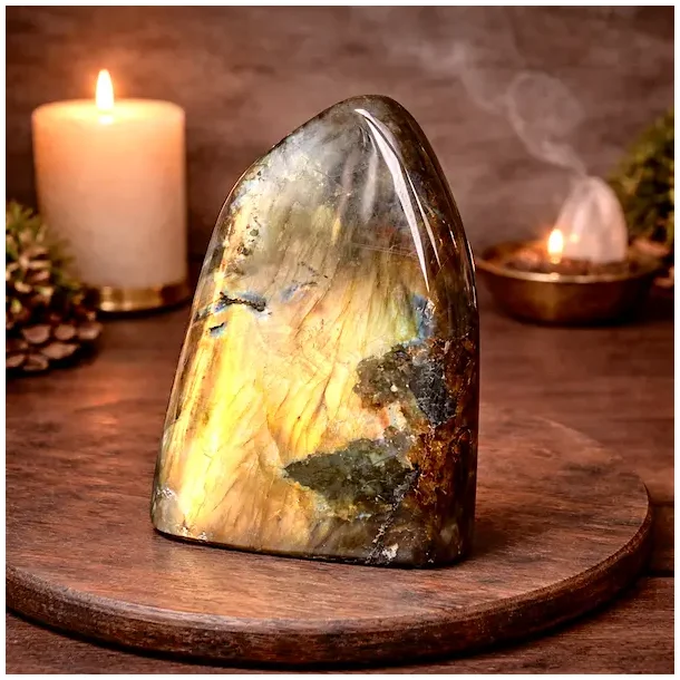 Labradorit freeform � Unik helpoleret krystal med kraftigt gyldent og bl�t flash