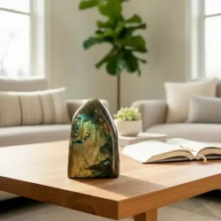 Labradorit freeform � Unik helpoleret krystal med kraftigt gyldent og bl�t flash