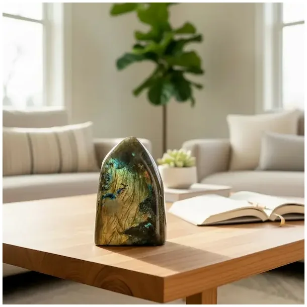 Labradorit freeform � Unik helpoleret krystal med kraftigt gyldent og bl�t flash