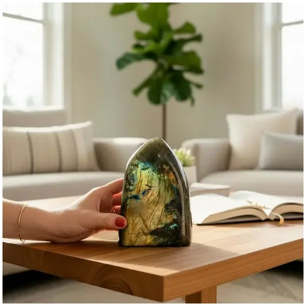 Labradorit freeform � Unik helpoleret krystal med kraftigt gyldent og bl�t flash