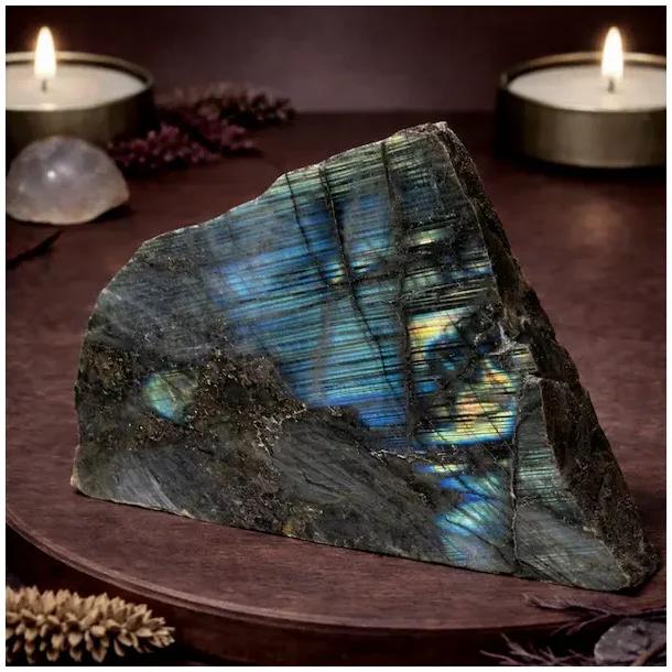 Unik Stor Labradorit Plade 1532g � Bl�t Flash R�/Poleret 18x13,6 cm