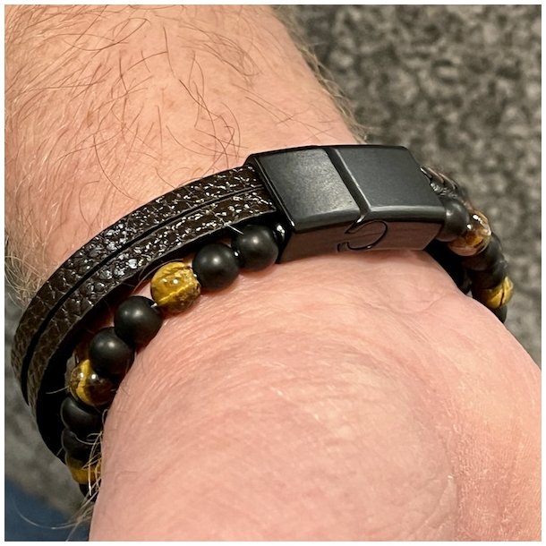 Elegant L�derarmb�nd med Tiger�je og Magnetl�s UNISEX � Passer til H�ndled 18 - 19 cm
