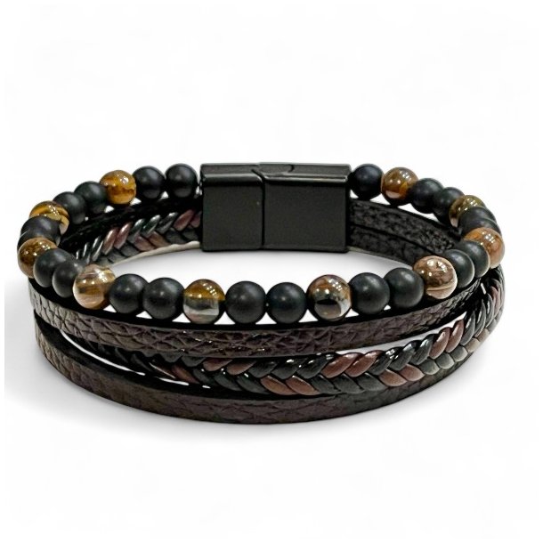 Elegant L�derarmb�nd med Tiger�je og Magnetl�s UNISEX � Passer til H�ndled 18 - 19 cm