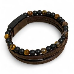 Elegant L�derarmb�nd med Tiger�je og Magnetl�s UNISEX � Passer til H�ndled 18 - 19 cm