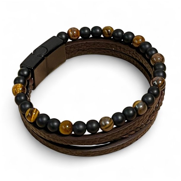 Elegant L�derarmb�nd med Tiger�je og Magnetl�s UNISEX � Passer til H�ndled 18 - 19 cm