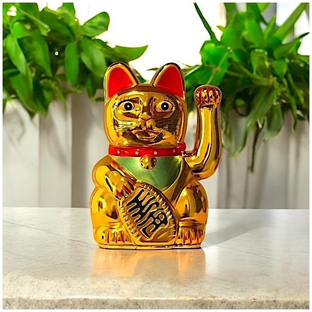 Guldfarvet Lucky Cat 13 cm  Symbol p held, lykke og mystik