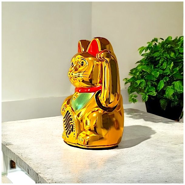 Guldfarvet Lucky Cat 13 cm  Symbol p held, lykke og mystik
