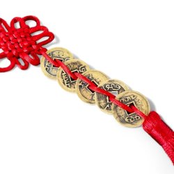 Feng Shui luckyhanger med kinesiske lykkem�nter og traditionelle knuder 39 cm