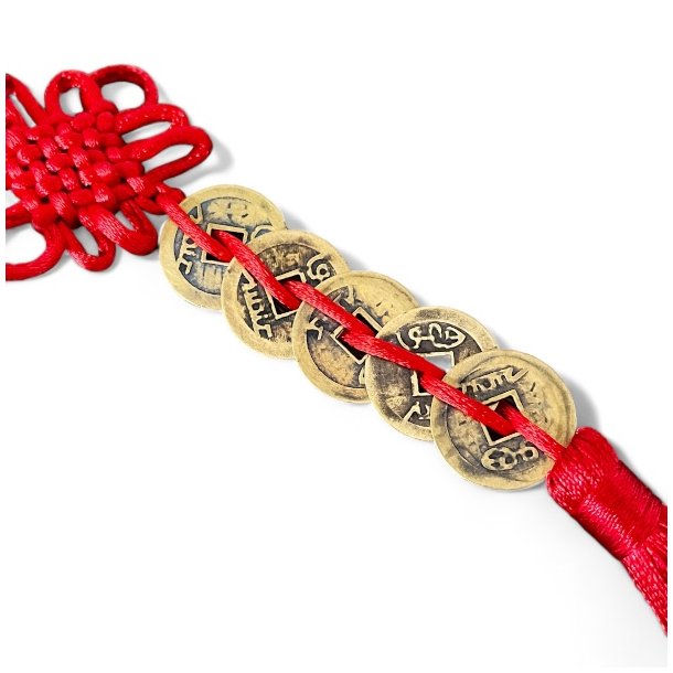 Feng Shui luckyhanger med kinesiske lykkem�nter og traditionelle knuder 39 cm