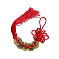 Feng Shui luckyhanger med kinesiske lykkem�nter og traditionelle knuder 39 cm