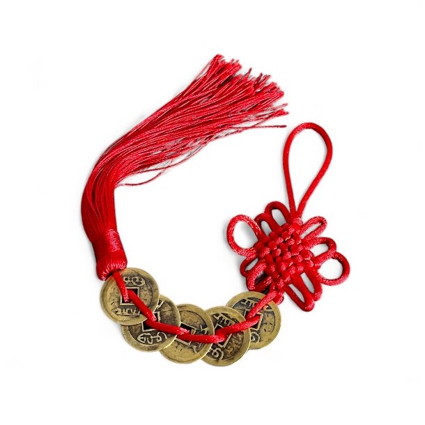 Feng Shui luckyhanger med kinesiske lykkem�nter og traditionelle knuder 39 cm