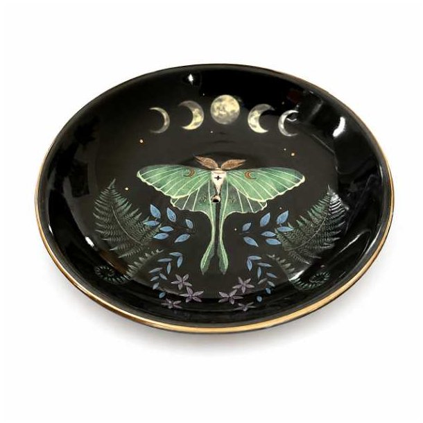 R�gelsesholder med m�nefaser og natsv�rmer i sort glaseret keramik med elegant guldkant.