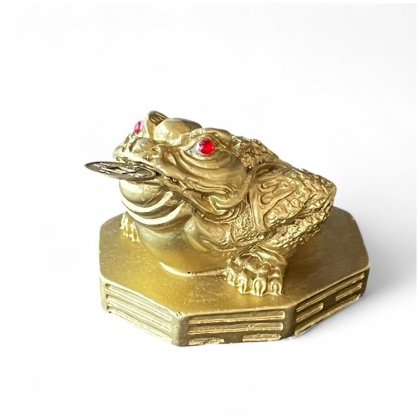 Guldfarvet Lykkefr med Lykkemnt  Tiltrk Held &amp; Overflod | 6,5 x 7 x 5,5 cm