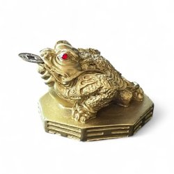 Guldfarvet Lykkefr med Lykkemnt  Tiltrk Held &amp; Overflod | 6,5 x 7 x 5,5 cm