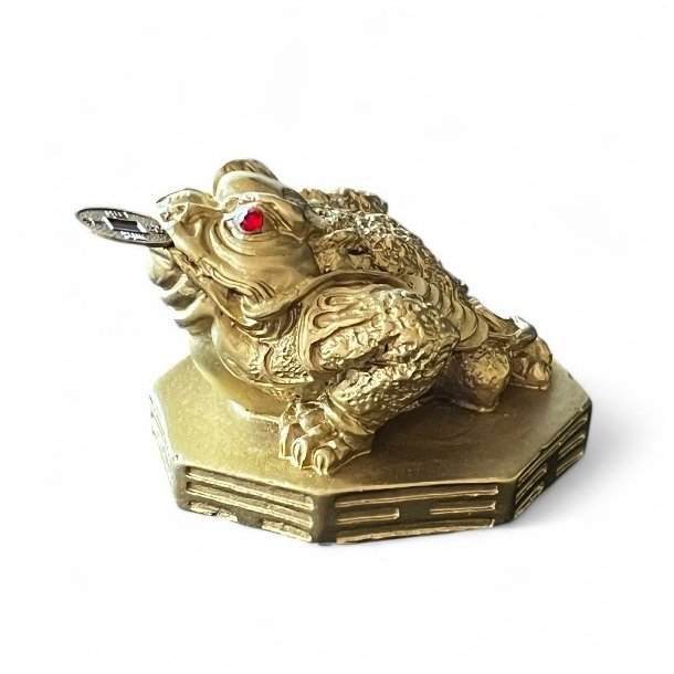 Guldfarvet Lykkefr med Lykkemnt  Tiltrk Held &amp; Overflod | 6,5 x 7 x 5,5 cm