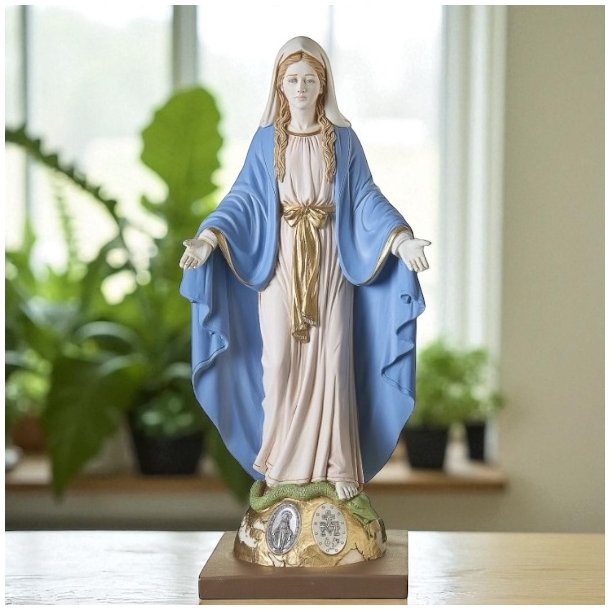 Smuk h�ndmalet Madonna figur i polyresin, 20 cm � h�ndlavet i Italien med s�lvmedaljer