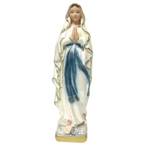 Str�lende Madonna figur med perlemorssk�r, 20 cm � Lourdes-inspireret og h�ndmalet