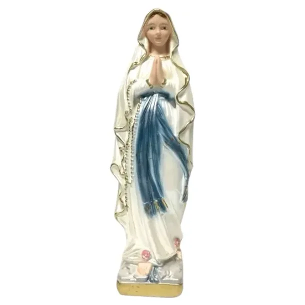 Str�lende Madonna figur med perlemorssk�r, 20 cm � Lourdes-inspireret og h�ndmalet