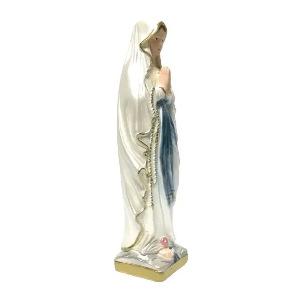 Str�lende Madonna figur med perlemorssk�r, 20 cm � Lourdes-inspireret og h�ndmalet