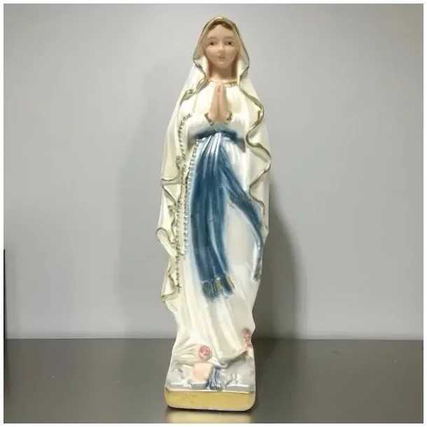 Str�lende Madonna figur med perlemorssk�r, 20 cm � Lourdes-inspireret og h�ndmalet