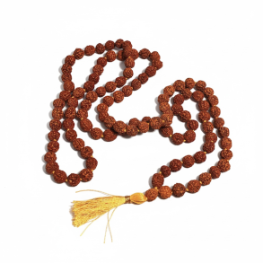 Smuk Rudraksha-mala med 108 perler og gul kvast � Spirituel k�de ca. 100 cm