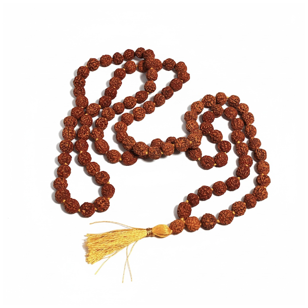 Smuk Rudraksha-mala med 108 perler og gul kvast � Spirituel k�de ca. 100 cm