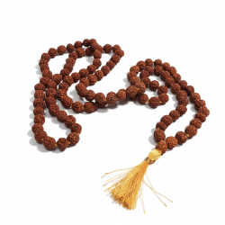 Smuk Rudraksha-mala med 108 perler og gul kvast  Spirituel kde ca. 100 cm