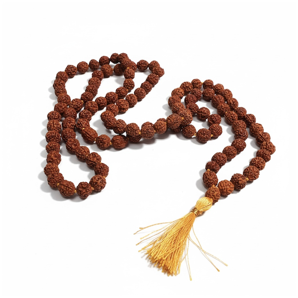 Smuk Rudraksha-mala med 108 perler og gul kvast  Spirituel kde ca. 100 cm