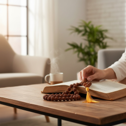 Smuk Rudraksha-mala med 108 perler og gul kvast � Spirituel k�de ca. 100 cm