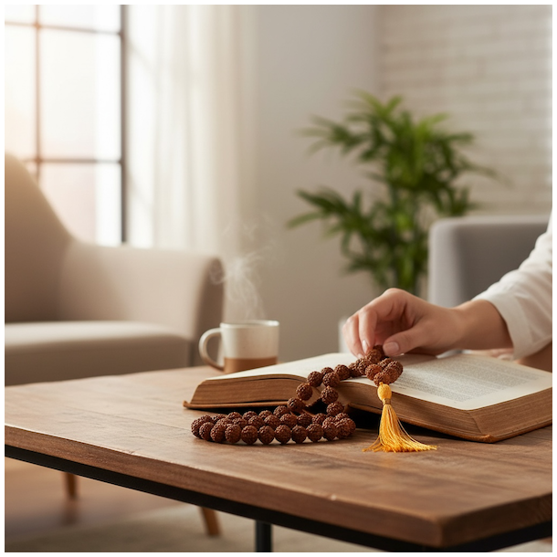 Smuk Rudraksha-mala med 108 perler og gul kvast � Spirituel k�de ca. 100 cm