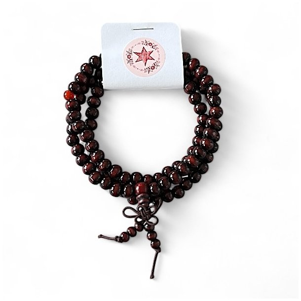 Malakde i rdbrunt rosentr  108 perler, lngde 2 x 35 cm