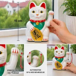 Hvid Lucky Cat Maneki Neko 15 cm � bring held, velstand og harmoni ind i dit liv.