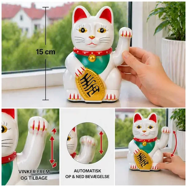 Hvid Lucky Cat Maneki Neko 15 cm � bring held, velstand og harmoni ind i dit liv.