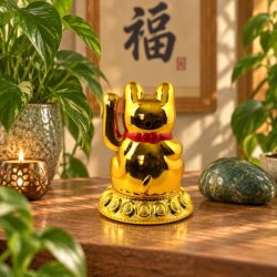 Guldfarvet Lucky Cat figur set bagfra p� en hylde i hjemmet, som fremviser detaljerne og det solcelledrevne panel.
