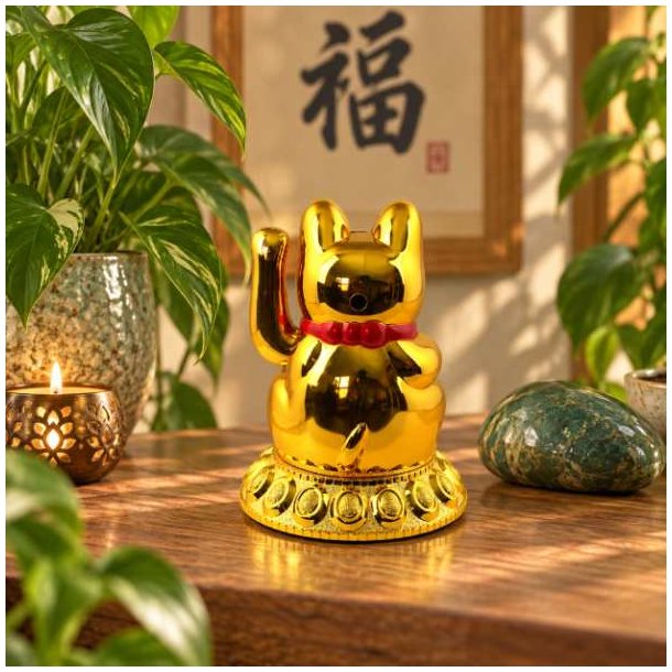 Guldfarvet Lucky Cat figur set bagfra p� en hylde i hjemmet, som fremviser detaljerne og det solcelledrevne panel.