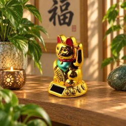 Solcelledrevet Maneki Neko vinkekat i guld set fra siden i en moderne indretning for at vise figurens dybde og form.