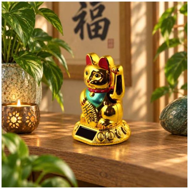 Solcelledrevet Maneki Neko vinkekat i guld set fra siden i en moderne indretning for at vise figurens dybde og form.