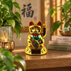 Guldfarvet Lucky Cat vinkekat placeret i et hyggeligt asiatisk inspireret interi�r med planter og Feng Shui dekoration.