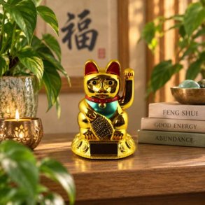 Guldfarvet Lucky Cat vinkekat placeret i et hyggeligt asiatisk inspireret interi�r med planter og Feng Shui dekoration.