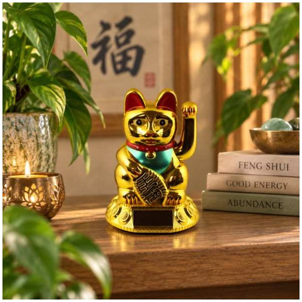 Guldfarvet Lucky Cat vinkekat placeret i et hyggeligt asiatisk inspireret interi�r med planter og Feng Shui dekoration.