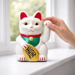 Hvid Lucky Cat Maneki Neko 15 cm � bring held, velstand og harmoni ind i dit liv.