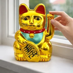 Maneki Neko Lucky Cat guld 15 cm � vinkekat med held og velstand