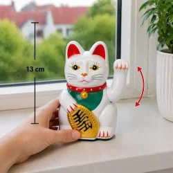 Hvid Lucky Cat 13 cm � Maneki Neko vinkekat med bev�gelse