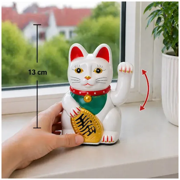 Hvid Lucky Cat 13 cm � Maneki Neko vinkekat med bev�gelse