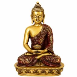 Dekorativ Buddha figur 13 cm i guld og r�d til meditation og harmonisk indretning.