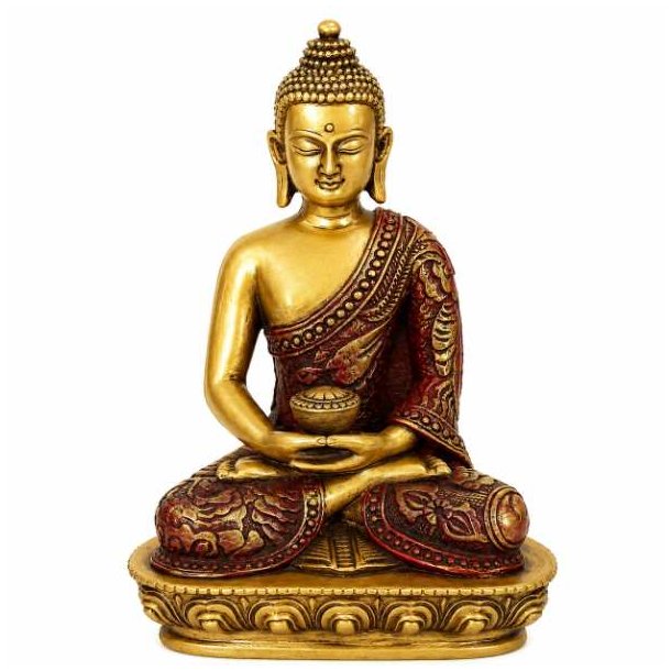 Dekorativ Buddha figur 13 cm i guld og r�d til meditation og harmonisk indretning.
