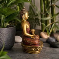 Buddha figur i massiv polyresin set fra siden med almissesk�l i h�nderne