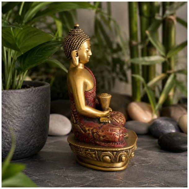 Buddha figur i massiv polyresin set fra siden med almissesk�l i h�nderne